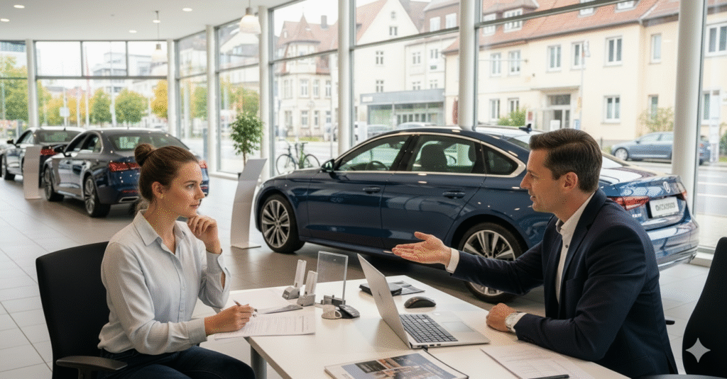 Obraz pokazujący osobę kupującą auto od sprzedawcy z Niemiec
