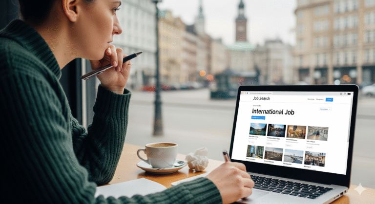 Grafika pokazująca osobę szukającą pracy za granicą