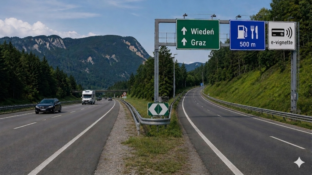 Na obrazie widzimy charakterystyczne rozwidlenie asfaltowej drogi szybkiego ruchu lub autostrady, rozdzielone pasem zieleni ze żwirem oraz barierą energochłonną