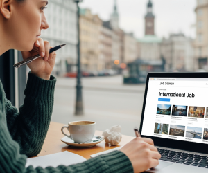 Grafika pokazująca osobę szukającą pracy za granicą